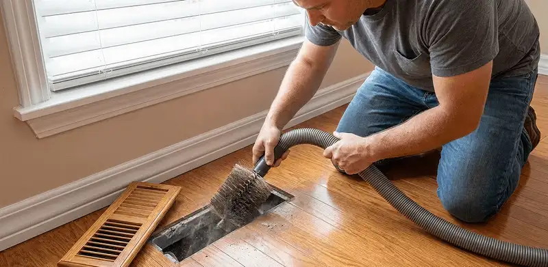 Air duct cleaning technician vacuuming a floor vent and duct opening in Buffalo, NY