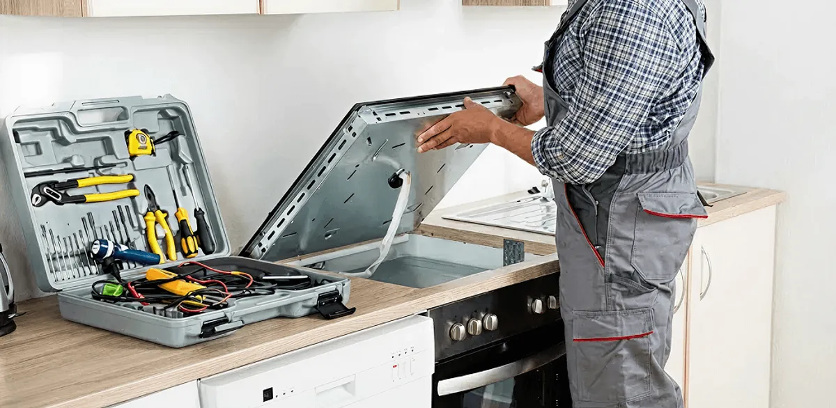 Handyman repairing a cooktop and checking wiring connections in Buffalo, NY