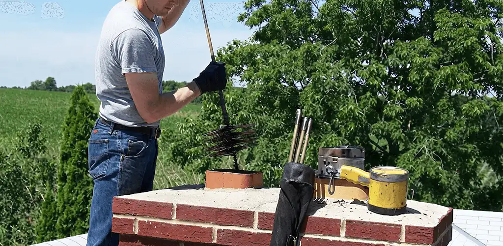 Chimney cleaning technician working on a rooftop chimney with professional tools in Buffalo, NY