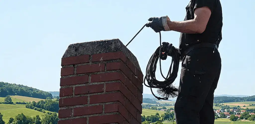 Chimney sweep inspecting and cleaning a rooftop chimney in Buffalo, NY