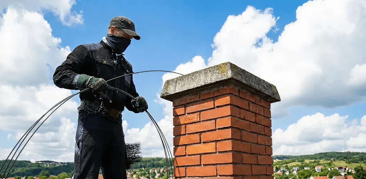 Chimney sweep cleaning a brick chimney with professional tools in Buffalo, NY