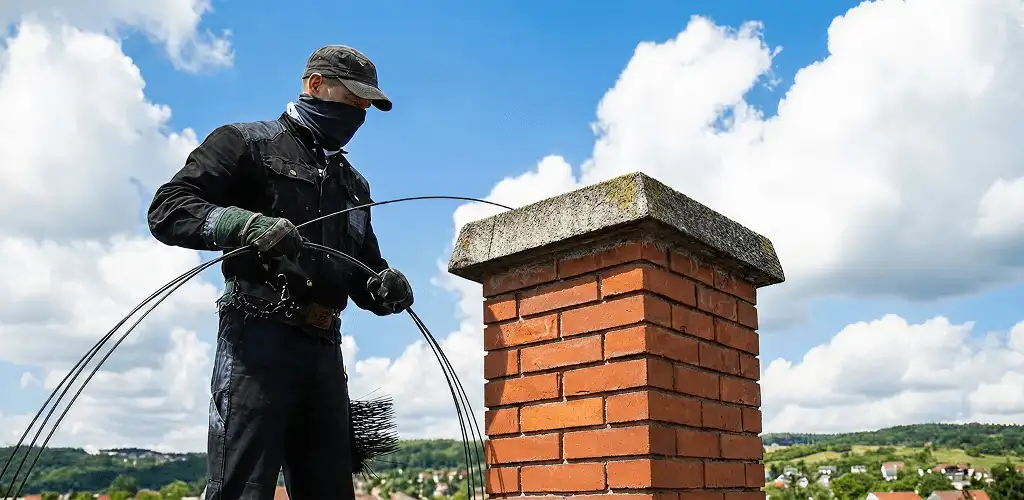 Chimney sweep cleaning a brick chimney with professional tools in Buffalo, NY