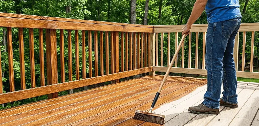 Deck staining and sealing application on a wood deck in Buffalo, NY