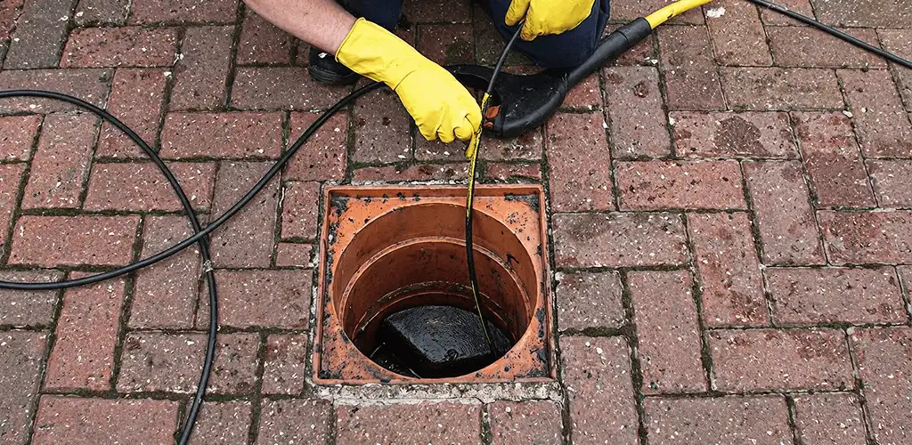 Drain cleaning technician using a drain snake to clear a clogged drain in Buffalo, NY