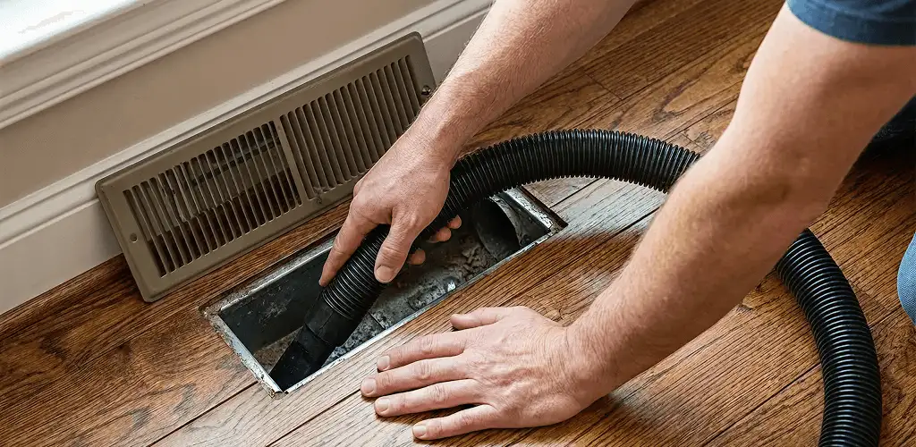 Air duct cleaning technician vacuuming a floor register and duct opening in Buffalo, NY