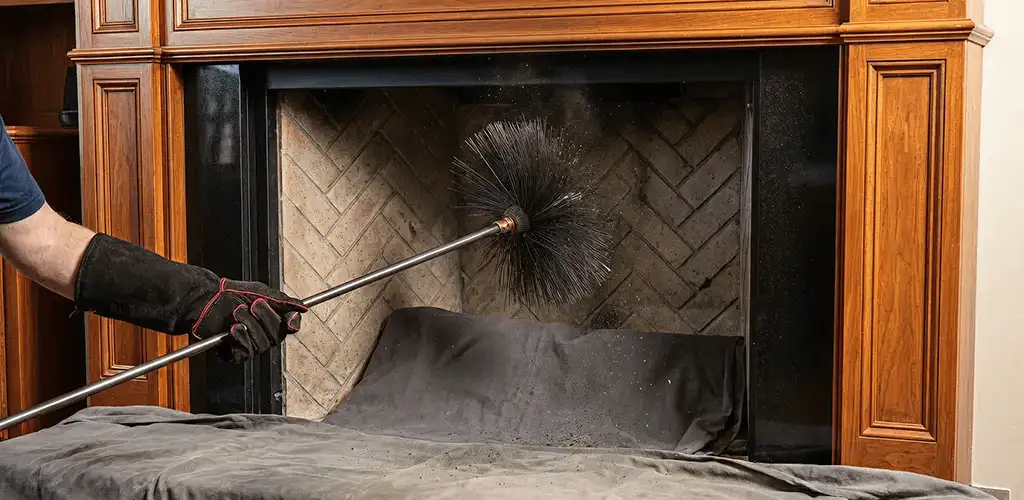 Chimney cleaning service brushing soot from a fireplace and flue in Buffalo, NY