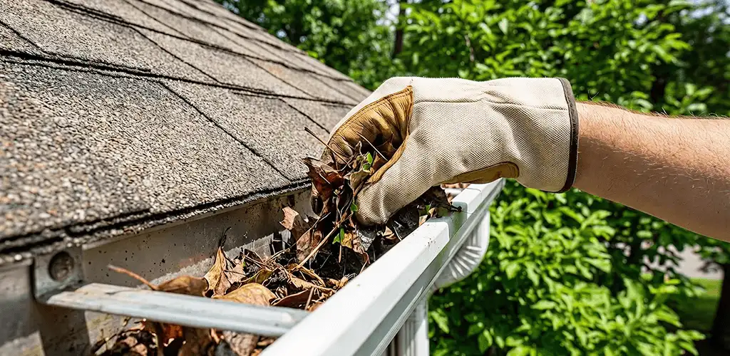 Gutter cleaning removing leaves and debris from roof gutters in Buffalo, NY