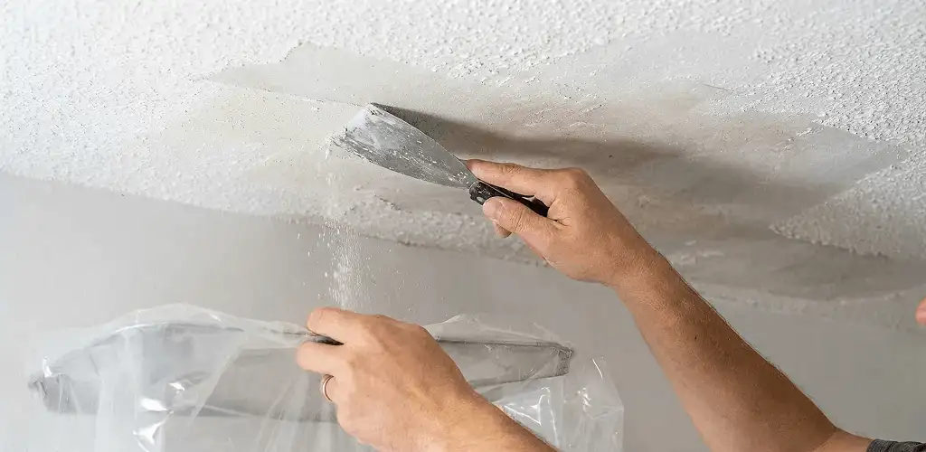 Popcorn ceiling removal technician scraping texture from a ceiling in Buffalo, NY