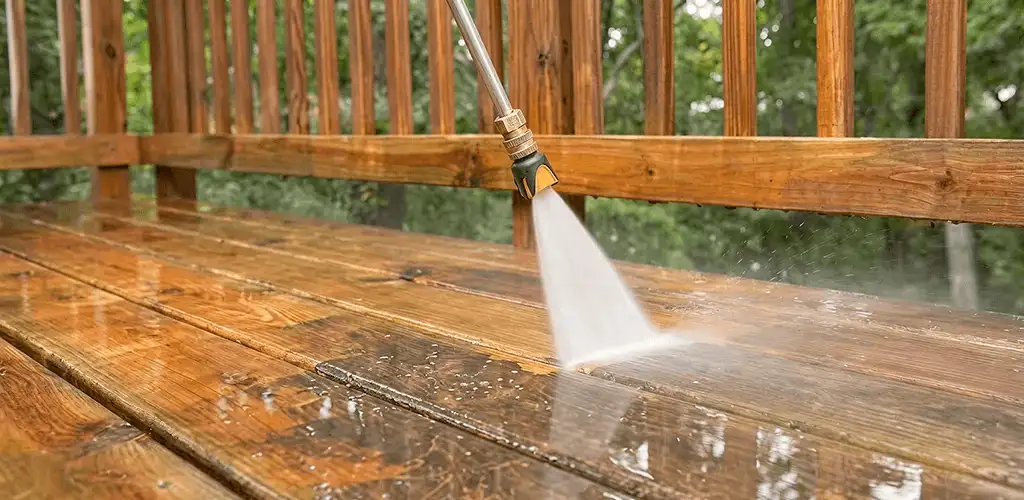 Pressure washing a wood deck to remove dirt and buildup in Buffalo, NY
