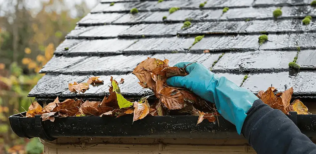 Gutter cleaning technician clearing wet leaves from roof gutters in Buffalo, NY