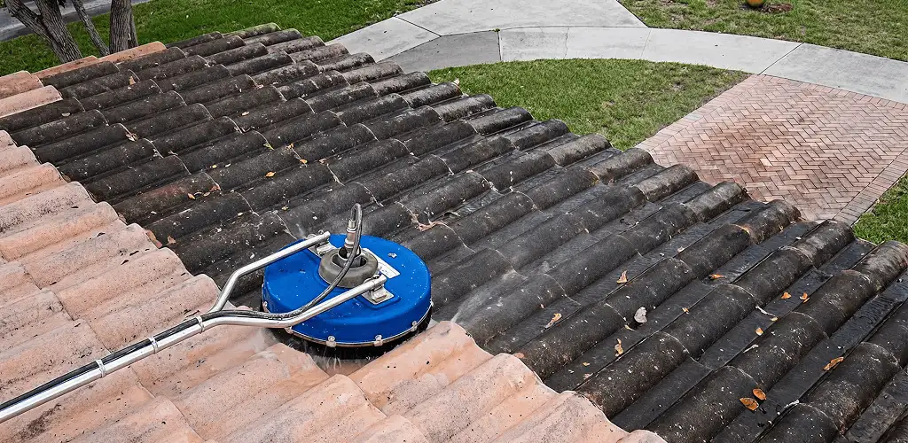 Roof pressure cleaning removing debris and buildup from roof tiles in Buffalo, NY