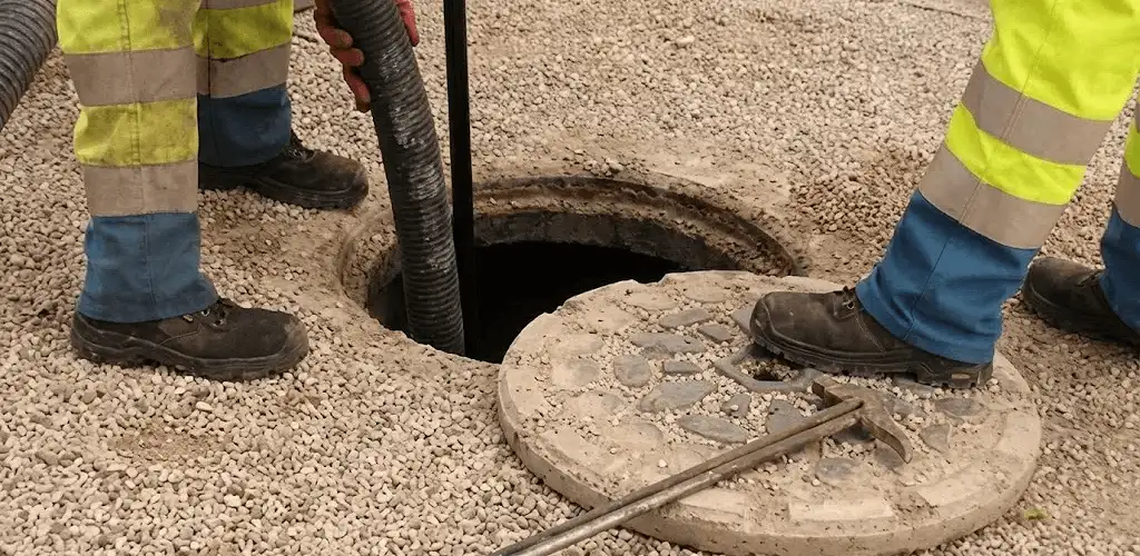 Drain cleaning crew clearing a sewer access point with professional equipment in Buffalo, NY