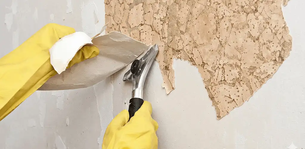 Wallpaper removal service stripping old wallpaper from a wall in Buffalo, NY