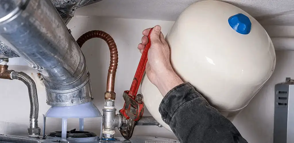 Water heater repair technician tightening plumbing connections near a tank unit in Buffalo, NY
