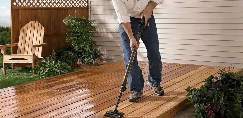Deck staining service applying stain to a backyard wood deck in Buffalo, NY